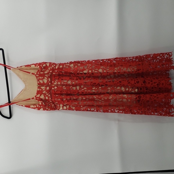 Laffaire | Red Lace Strappy Midi lace dress - nude underlay - Medium - Picture 5 of 14